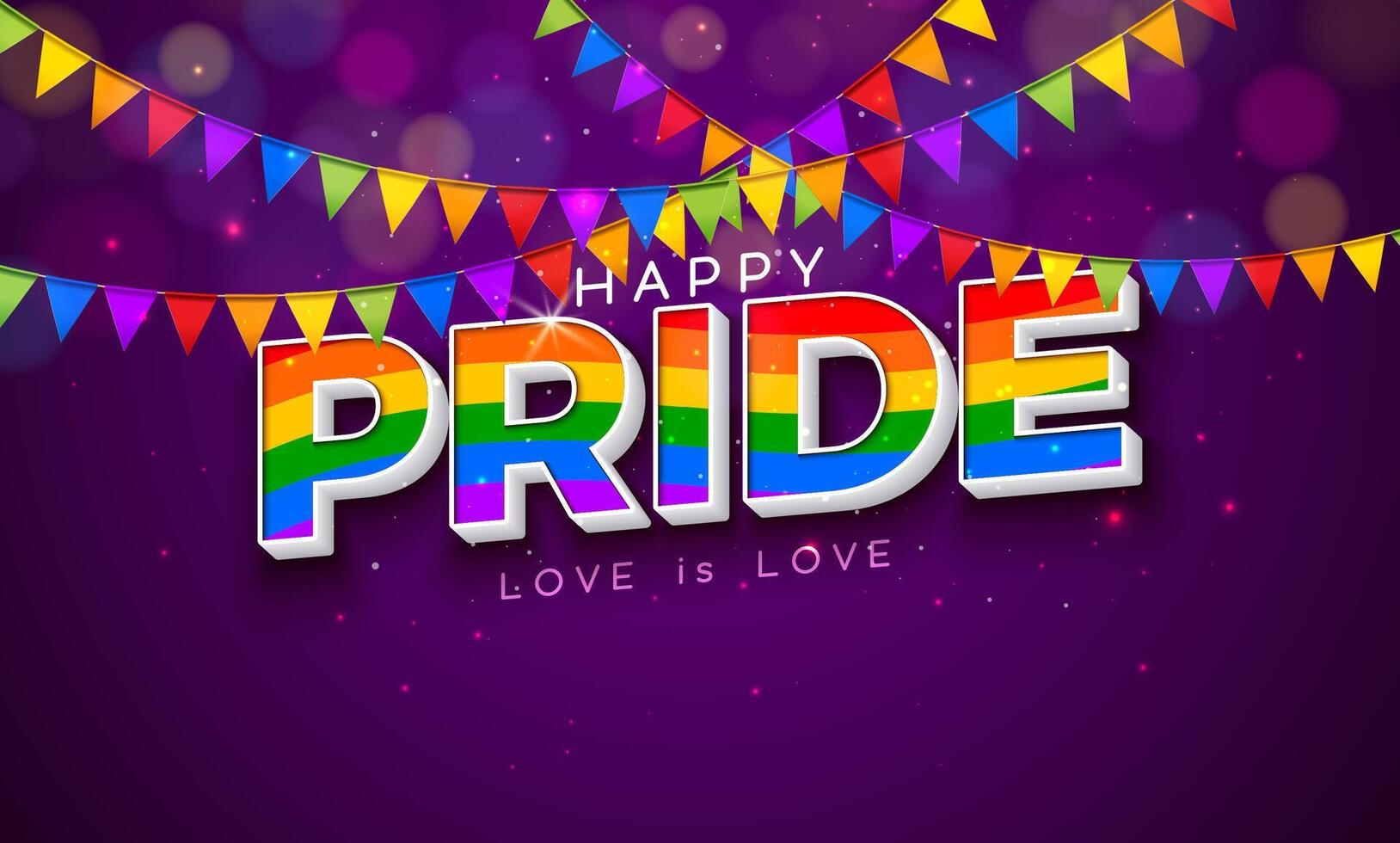 LGBTQ orgoglio mese illustrazione con arcobaleno colore 3d testo etichetta e colorato festa bandiera su viola sfondo. amore è amore umano diritti o diversità concetto. vettore lgbt evento bandiera design per bandiera