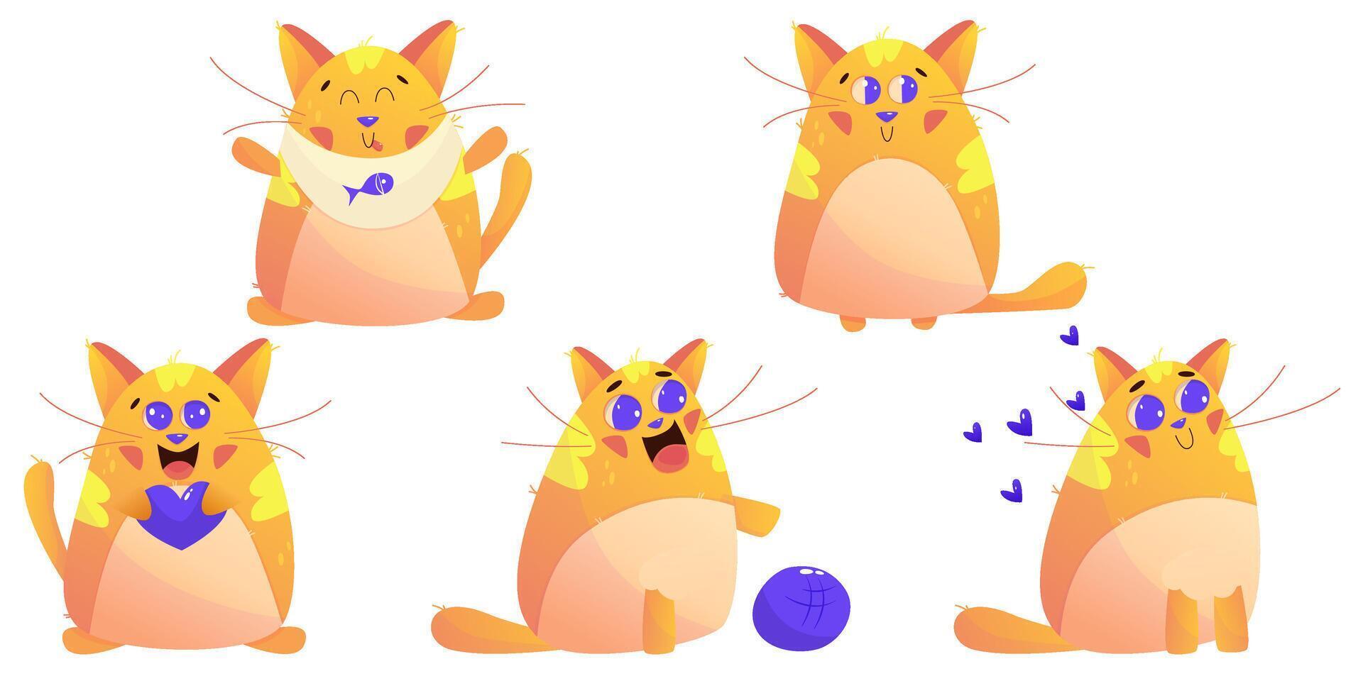 carino kawaii gatto personaggio impostato contento animale. arancia carino gatto animale domestico. cartone animato vettore illustrazione. contento gattino Miao kawaii personaggio