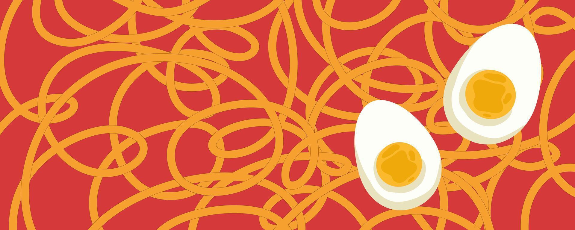 spaghetto ramen modello con uovo sfondo. pasta cibo struttura spaghetti geometrico. astratto ramen ornamento. piatto vettore illustrazione. onda struttura sfondo