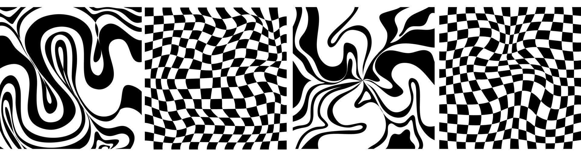 scacchiera psichedelico modello impostato nero e bianca. scacchiera sfondo y2k retrò griglia. psichedelico struttura vettore illustrazione.
