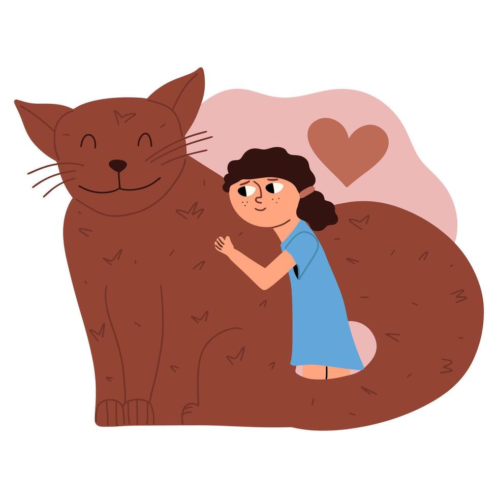 ragazza abbracci un' grande gatto. vettore illustrazione nel mano disegnato stile