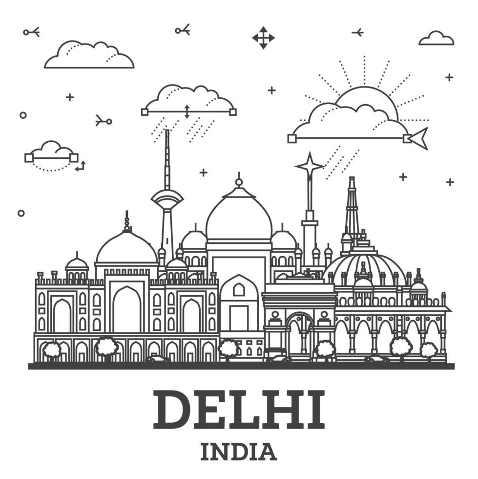 schema delhi India città orizzonte con storico edifici isolato su bianca. illustrazione. delhi paesaggio urbano con punti di riferimento. vettore