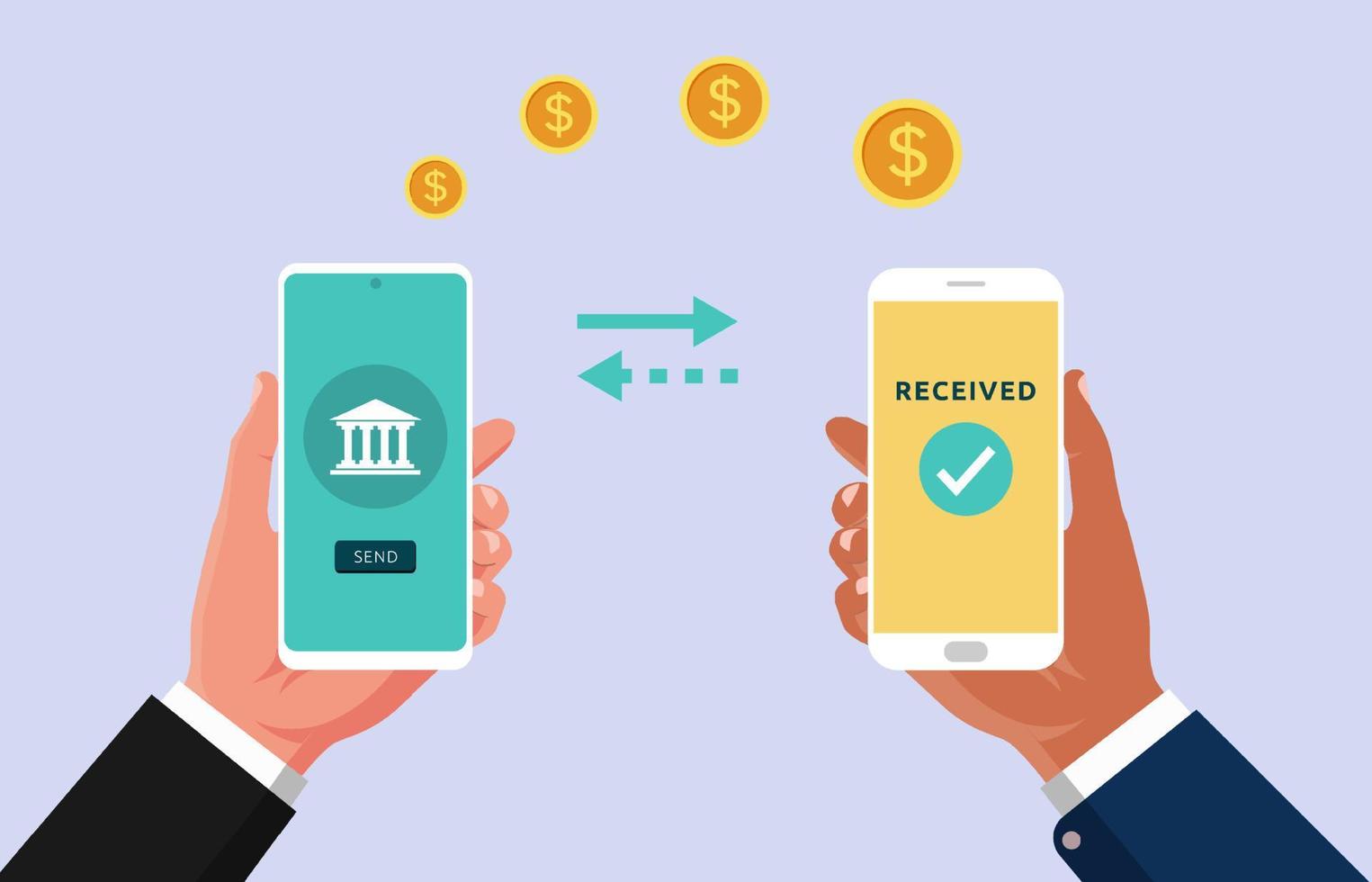 trasferimento di denaro online utilizzando il concetto di smartphone, pagamento senza contanti, telefono in mano con il simbolo dell'app bancaria vettore