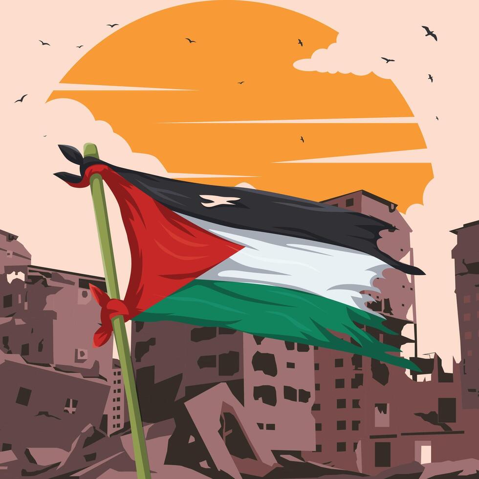 Palestina bandiera manifesto design con edificio rovine nel il sfondo vettore