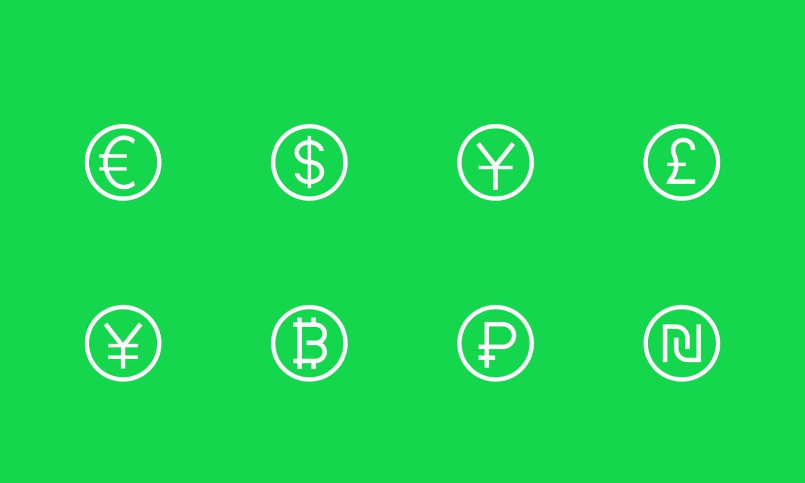 icone valute, euro, yen, sterlina, dollaro, rublo, yuan e shekel vettore