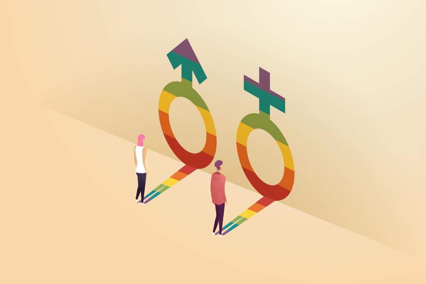 uomini e donne guardano i riflessi dei simboli di genere e degli uomini transgender. vettore