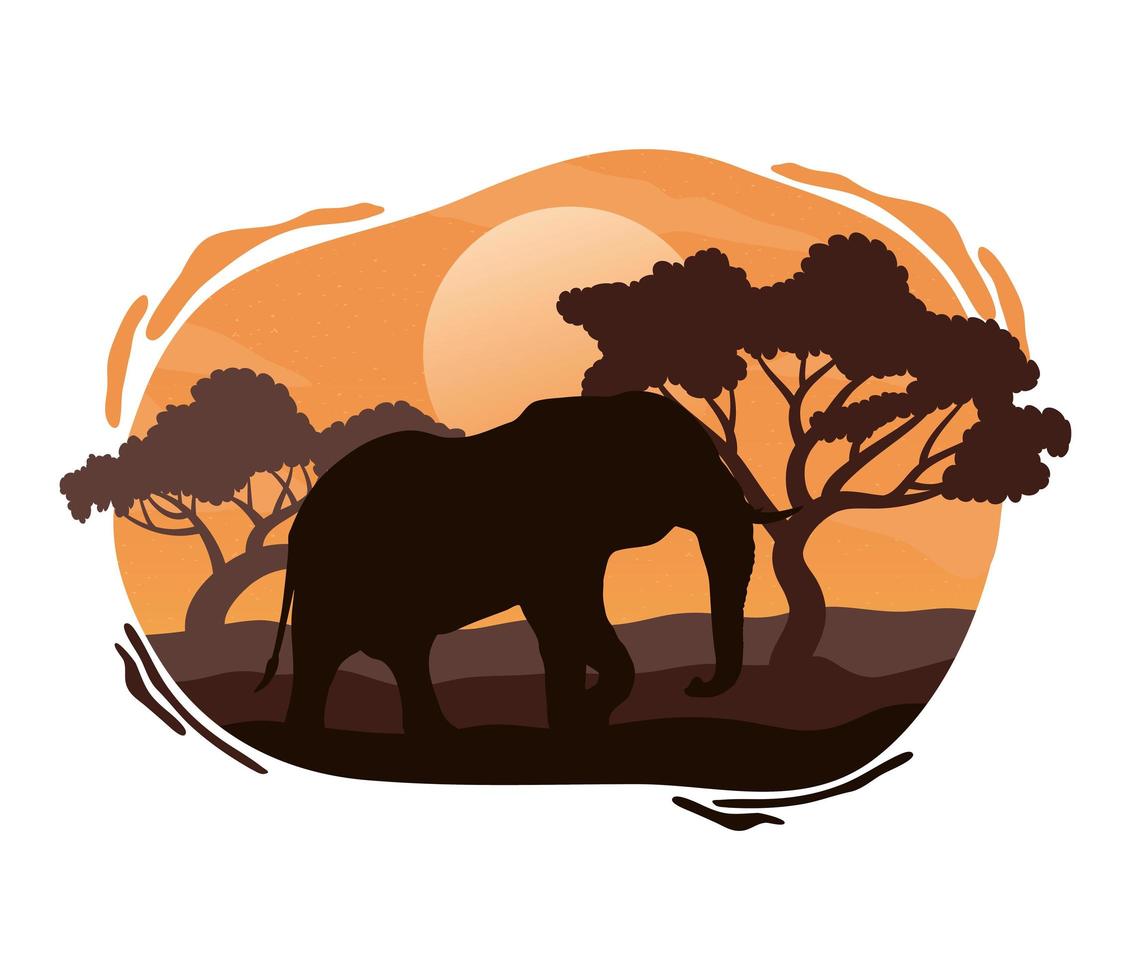 scena della silhouette della fauna degli elefanti selvatici vettore