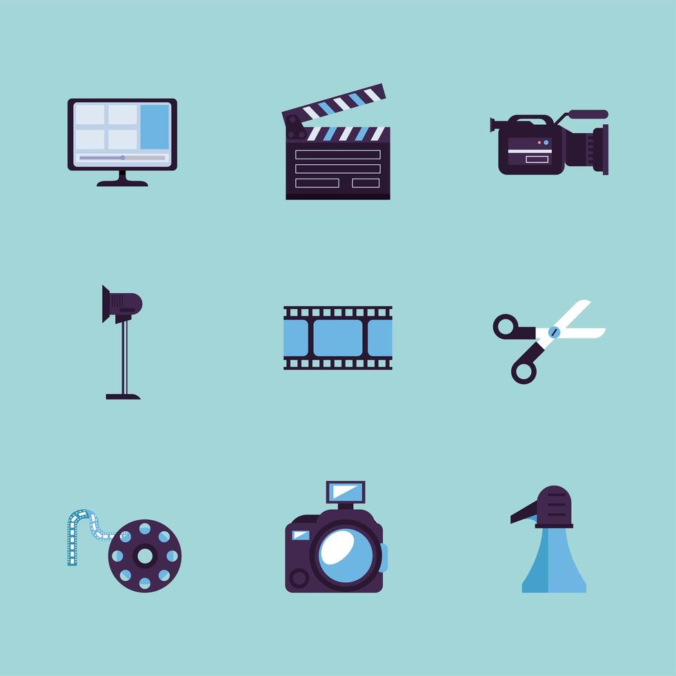 nove icone di produzione video vettore