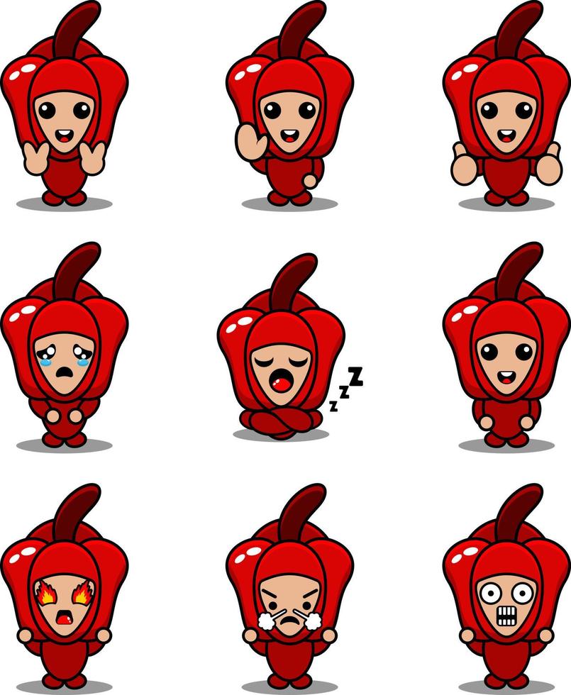 illustrazione del personaggio dei cartoni animati set di espressioni carino vettore del costume della mascotte del peperone rosso