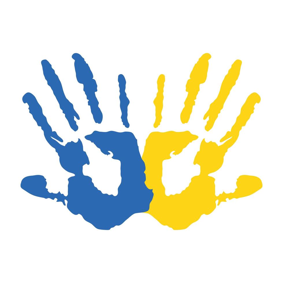 mani stampa vernice colori giallo e blu sindrome di down vettore