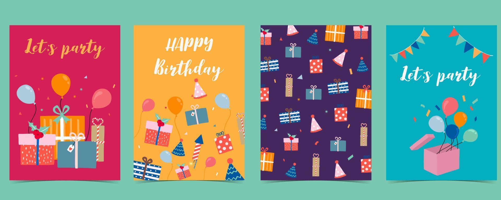 collezione di biglietti per feste con confezione regalo, palloncino, nastro, confetti.illustrazione vettoriale per poster, cartoline, striscioni, copertina