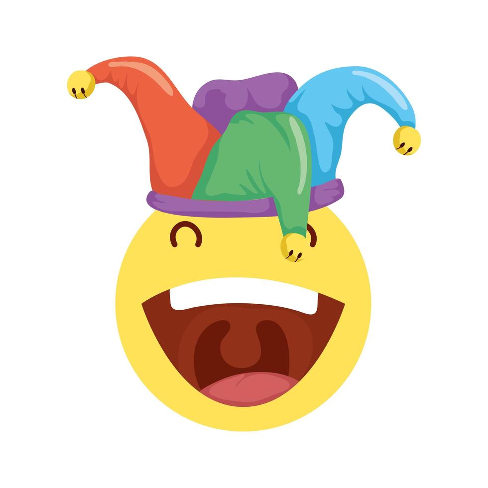 faccina emoji pazza con cappello da giullare icona del giorno degli sciocchi vettore