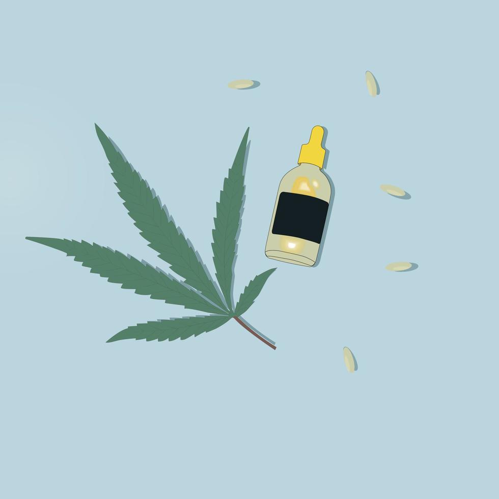 foglia di cannabis con bottiglia di olio vettore
