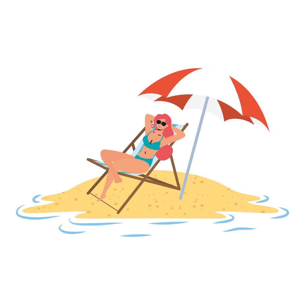 giovane donna che si rilassa sulla spiaggia seduta in sedia e ombrellone vettore