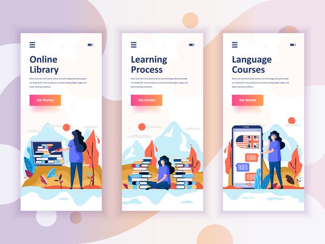 Set di kit di interfaccia utente per schermi onboarding per la libreria, l&#39;apprendimento, i corsi di lingua, il concetto di modelli di app per dispositivi mobili. UX moderno, schermo dell&#39;interfaccia utente per sito web mobile o reattivo. Illustra vettore