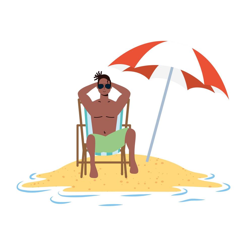 uomo afro che si rilassa sulla spiaggia seduto in sedia e ombrellone vettore