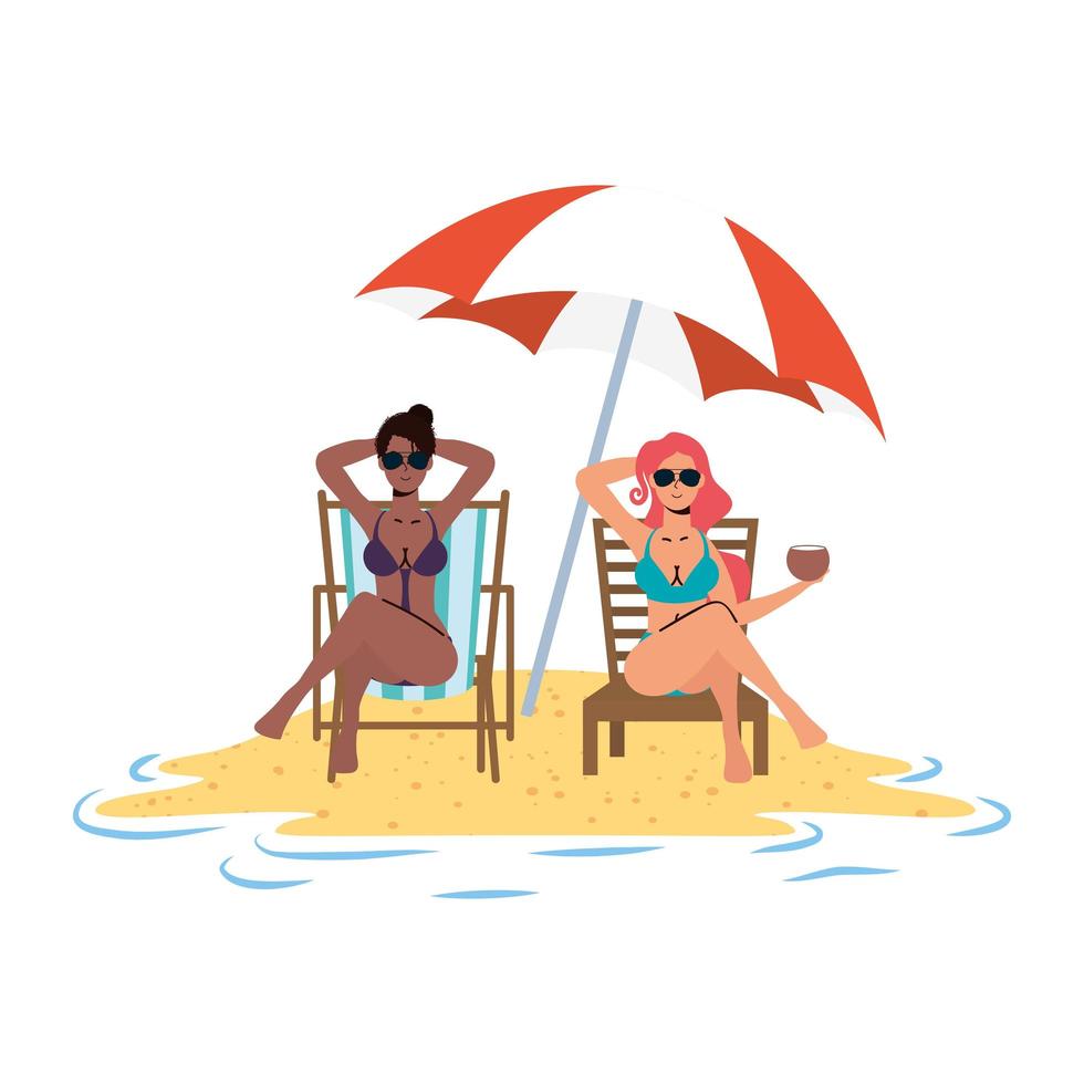 ragazze interrazziali che si rilassano sulla spiaggia sedute su sedie e ombrellone vettore