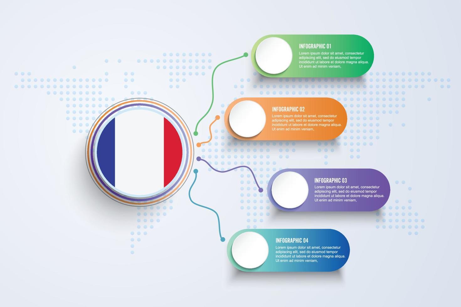 bandiera della francia con un design infografico isolato sulla mappa del mondo a punti vettore