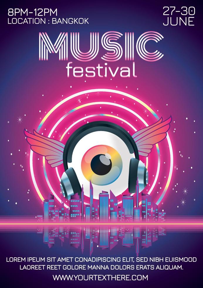 poster del festival musicale per la luce al neon della festa notturna vettore