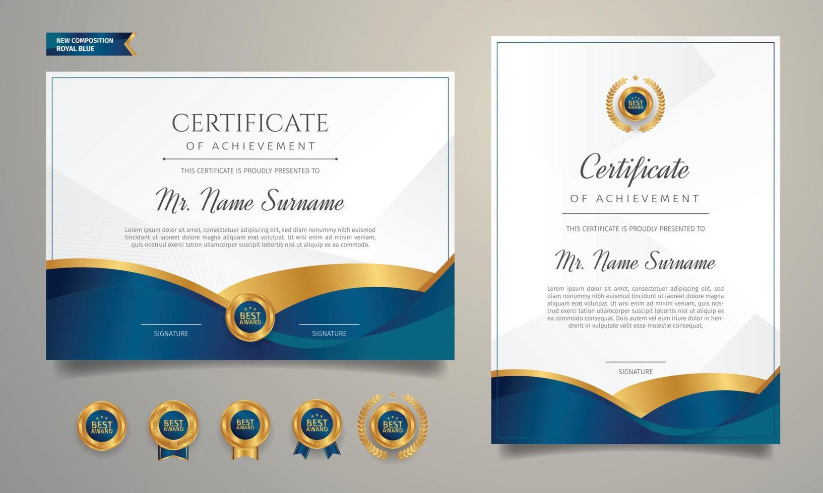 certificato di diploma blu e oro di modello di confine di apprezzamento vettore