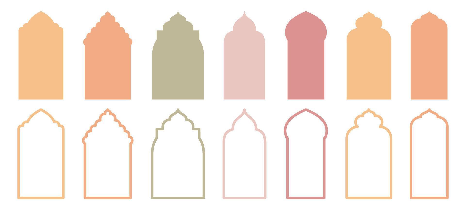 islamico tradizionale finestre o porte forma compilazione. impostato di moschea musulmano montatura raffigurato nel silhouette e schema. vettore
