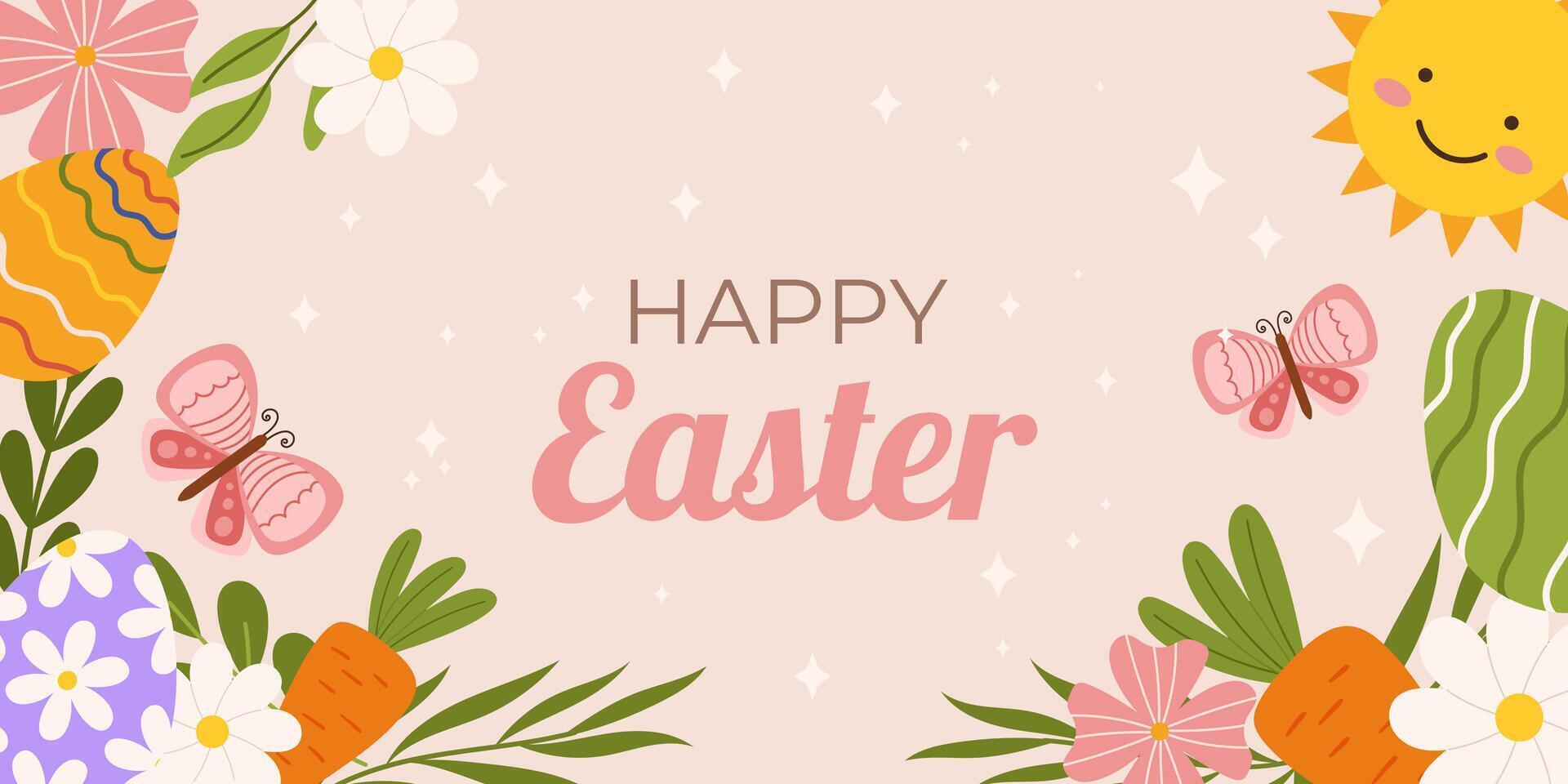 Pasqua orizzontale sfondo modello. design per celebrazione primavera vacanza con fiori, carota e la farfalla, sole e dipinto uova vettore
