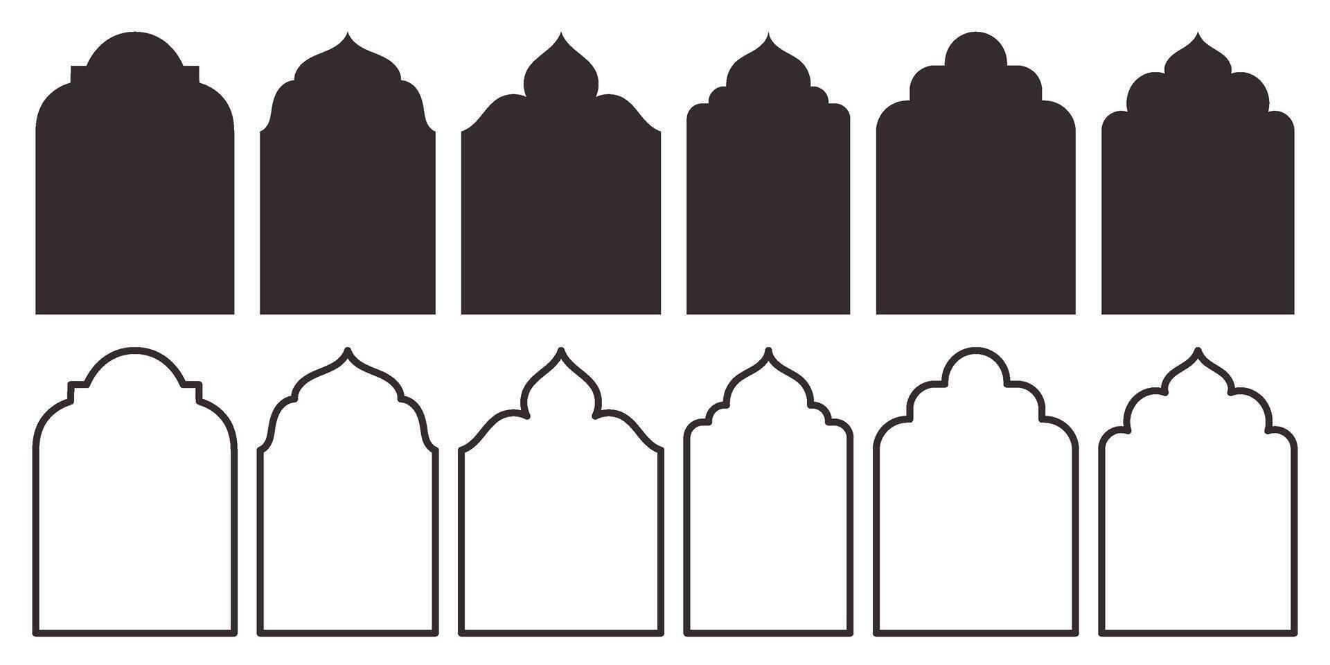 Islam tradizionale finestre o porte forma collezione. impostato di silhouette e schema moschea musulmano telaio vettore