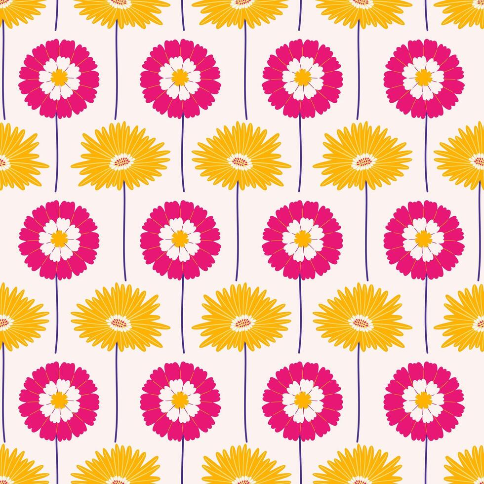 senza soluzione di continuità modello con gerbera e zinnia fiori su un' beige sfondo. estate luminosa floreale vettore illustrazione. primavera botanico Stampa, moderno stile design