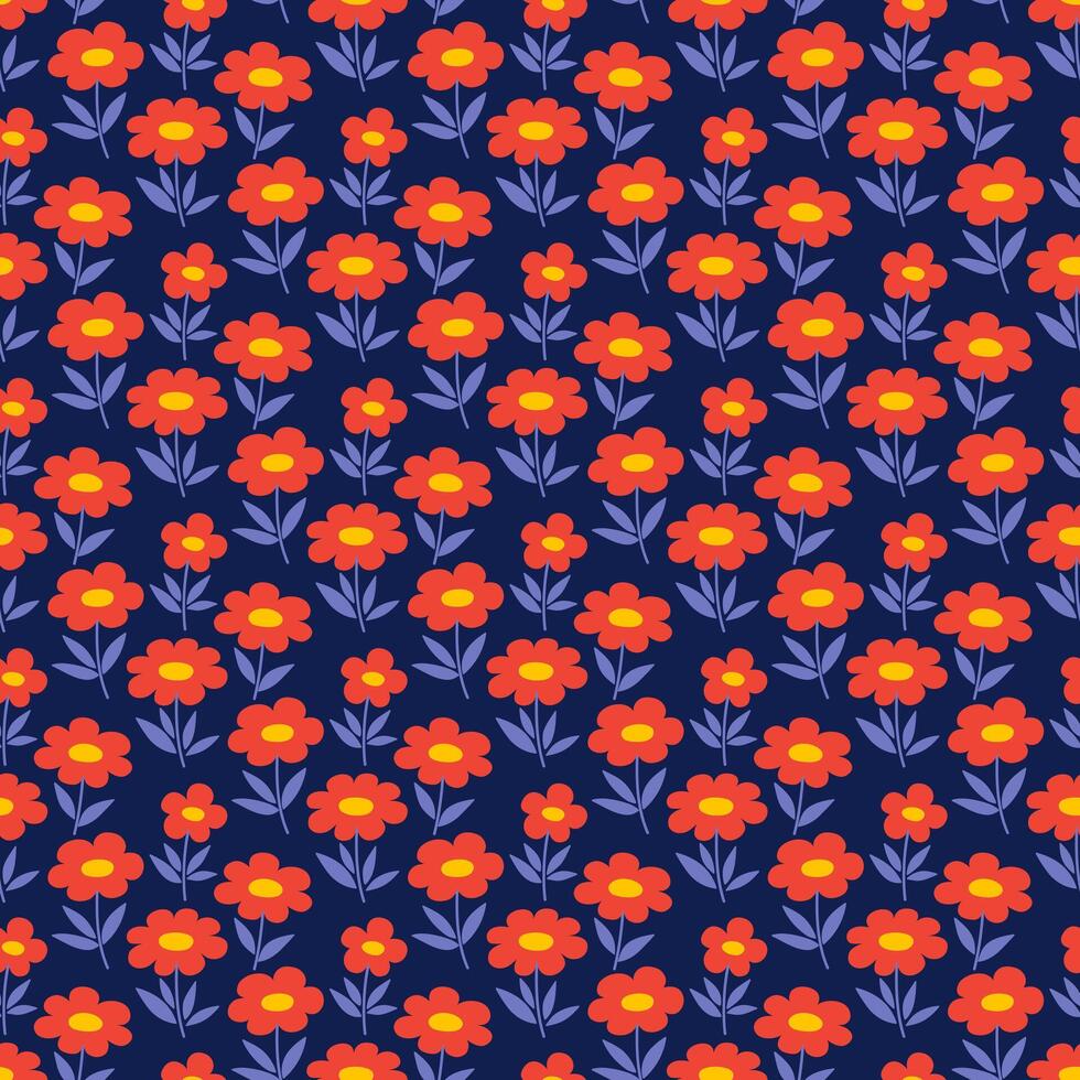 floreale senza soluzione di continuità modello con piccolo rosso fiori e blu le foglie su un' buio sfondo. Vintage ▾ ditsy stile tessuto. decorativo Stampa, vettore illustrazione