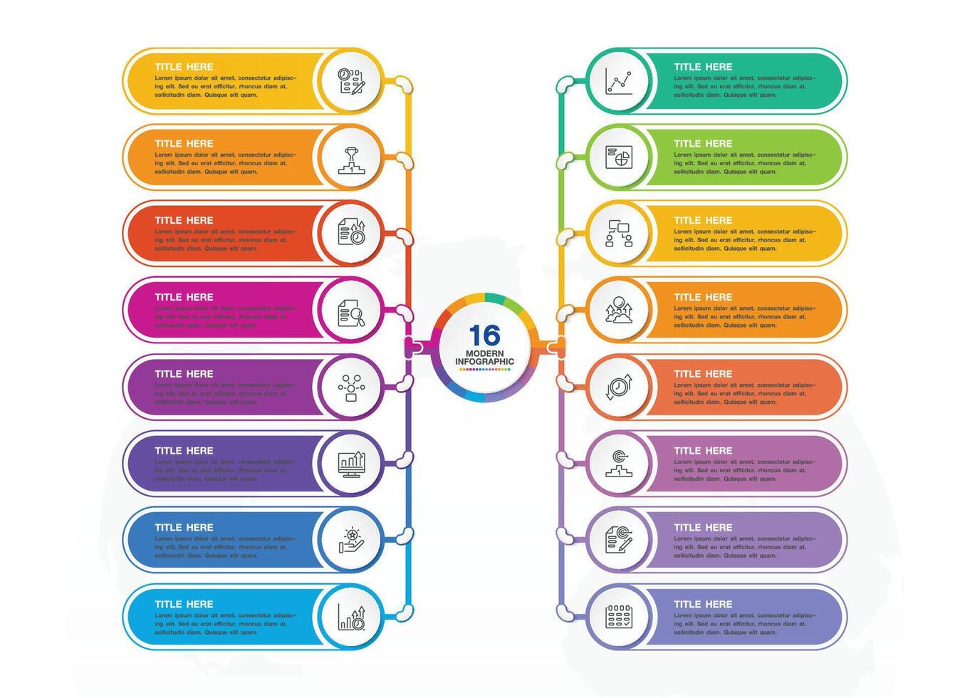 Infografica processi design con icone e 16 opzioni o passi. vettore