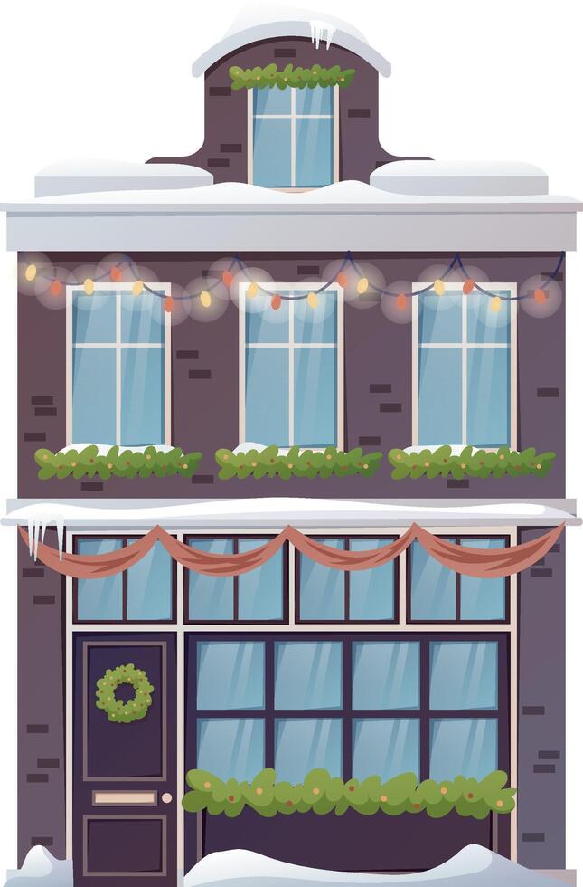 esterno e architettura di un' moderno multipiano costruzione. Residenziale cartone animato Casa nel un' classico stile, decorato con Natale ghirlande e ghirlande. vettore isolato illustrazione.