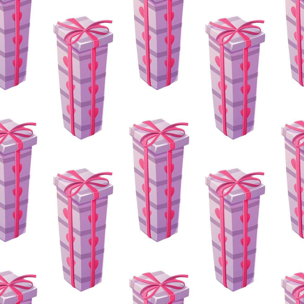 rosa regalo scatola con arco e cuori. vettore senza soluzione di continuità modello, cartone animato presente per amante su San Valentino giorno.