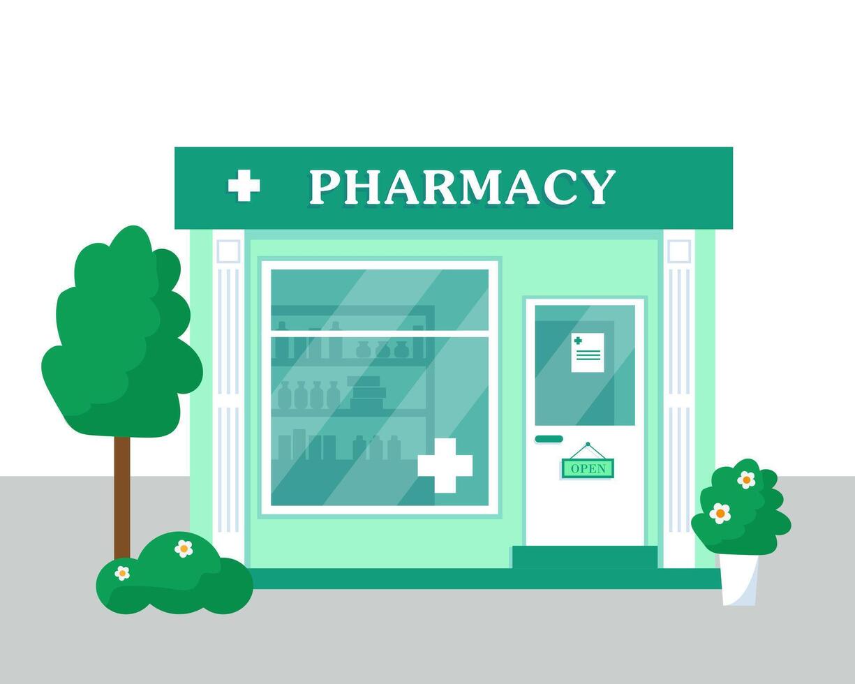 farmacia memorizzare esterno. farmacia costruzione. vettore illustrazione.