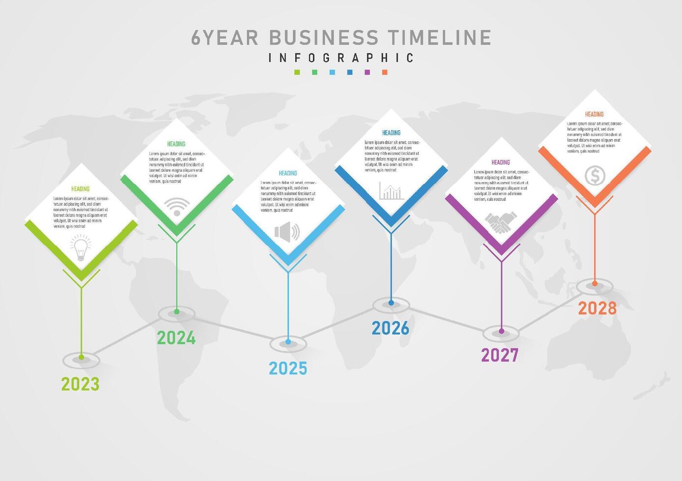 Infografica 6 anno sequenza temporale bianca piazza attività commerciale pianificazione modello testo Messaggio sopra il grigio icona sotto il cerchio con un' linea sotto ha il anno numero carta geografica dietro a un' grigio pendenza sfondo. vettore