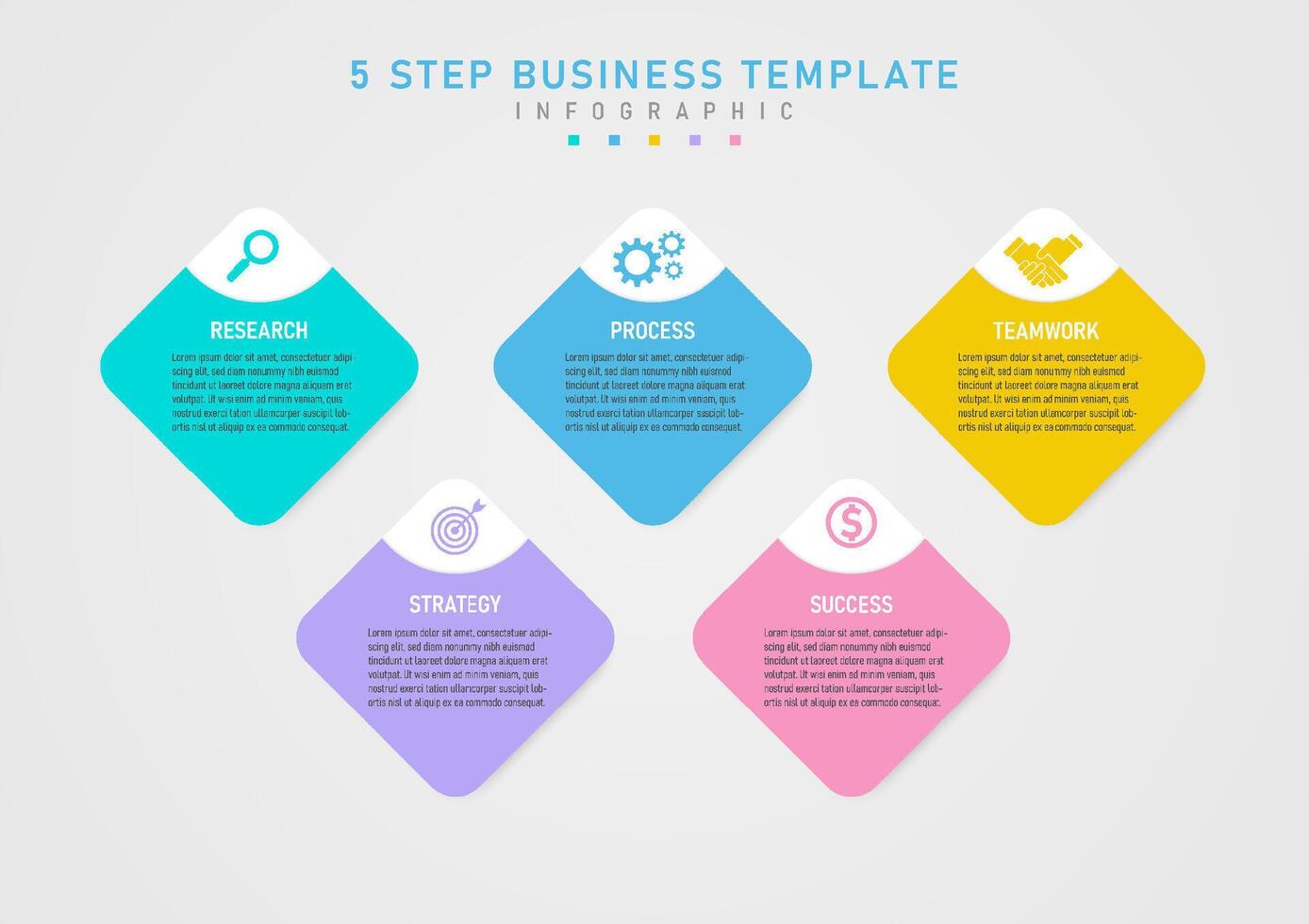 Infografica 5 passaggi per attività commerciale pianificazione per successo multicolore piastra piazze il superiore è bianca con colorato icone, nel il mezzo il parte inferiore è posto su un' grigio pendenza sfondo. vettore