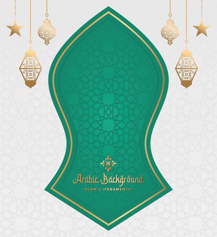 tranquillo, calmo d'oro verde Arabo islamico Ramadan sfondo con lanterne e stelle vettore