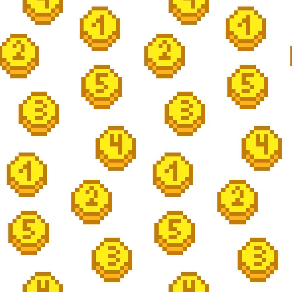 un' moneta modello con numeri nel giallo pixel. il numero icona. vettore illustrazione. pixel grafica. cerchi con numeri. retrò giallo elementi su un' bianca sfondo. piccolo oro piazze nel un' gruppo