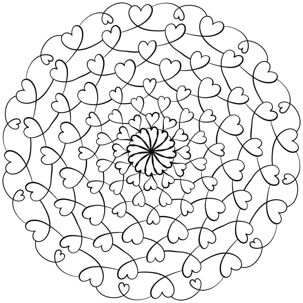 semplice mandala con loop nel il forma di cuori, in linea colorazione pagina per bambini e adulti creatività vettore