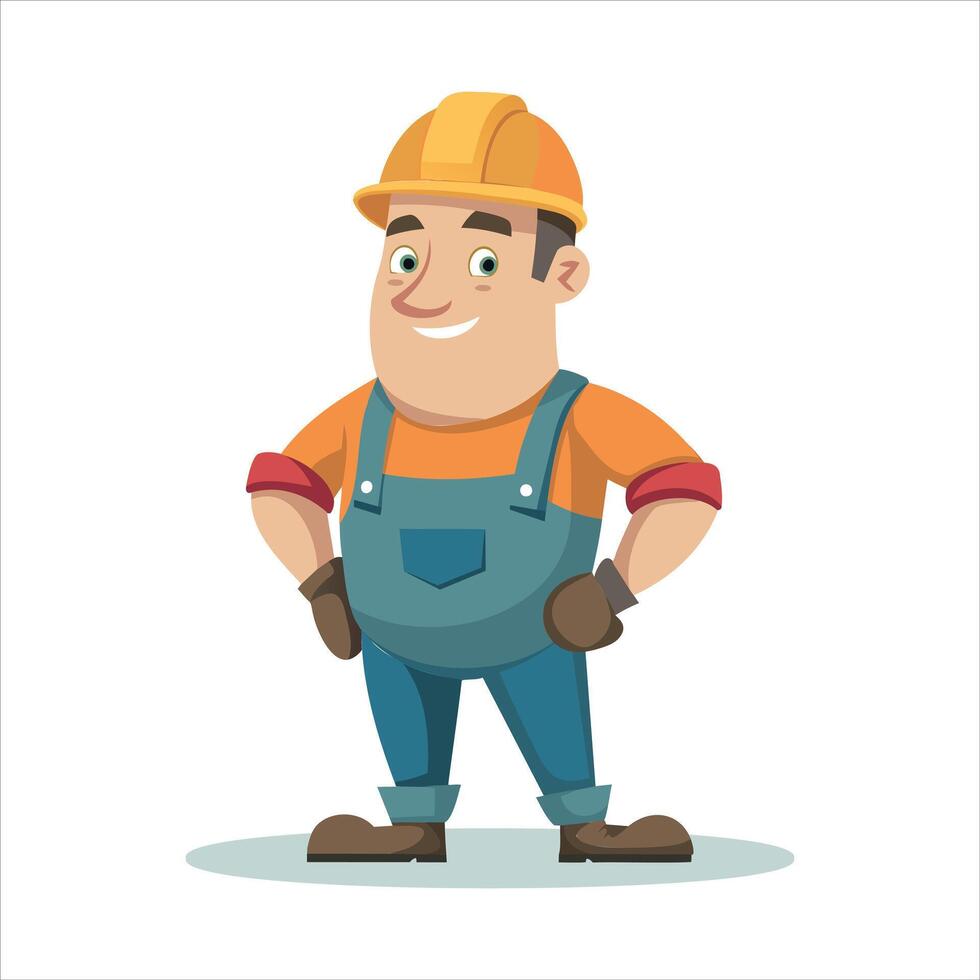 un' cartone animato costruzione lavoratore con un' difficile cappello e tuta da lavoro vettore