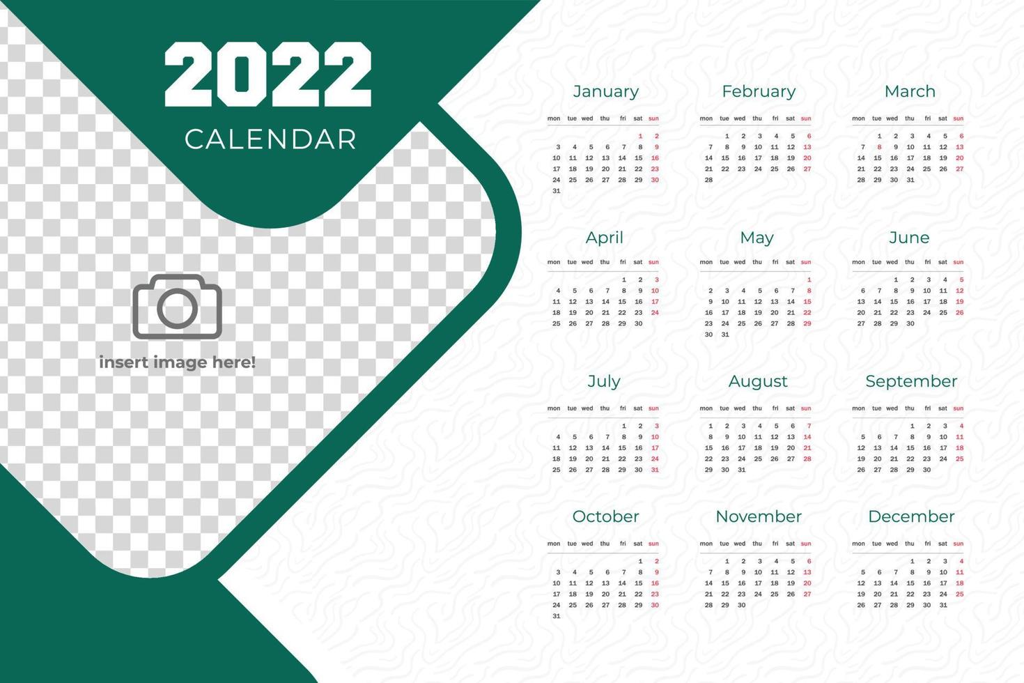 Modello di calendario 2022 impostato per aziende. il pianificatore del calendario del nuovo anno inizia da lunedì vettore