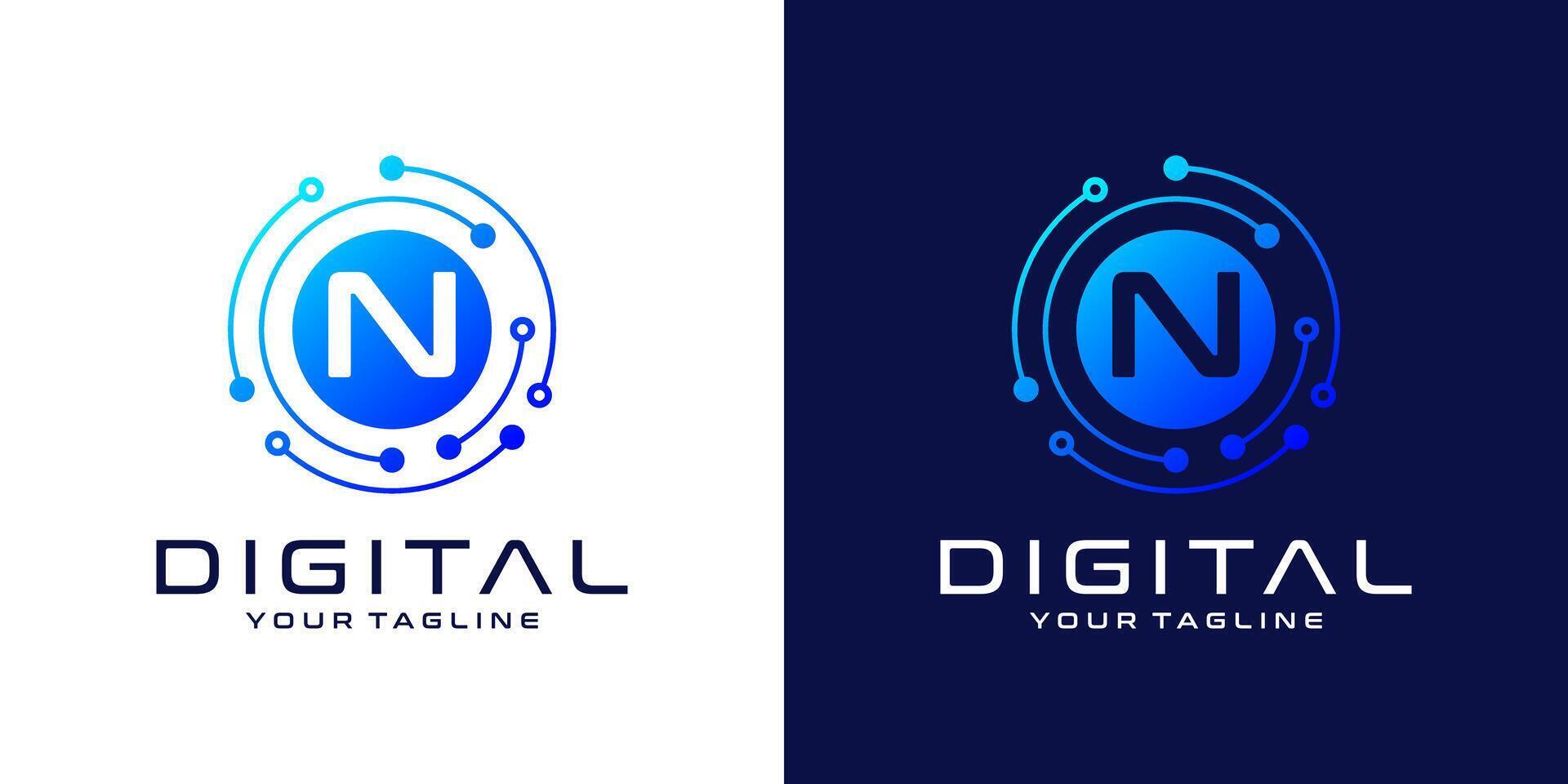 lettera n logo design modello, astratto punto connessione tecnologia, digitale, dati e cerchio circuito tecnologia vettore