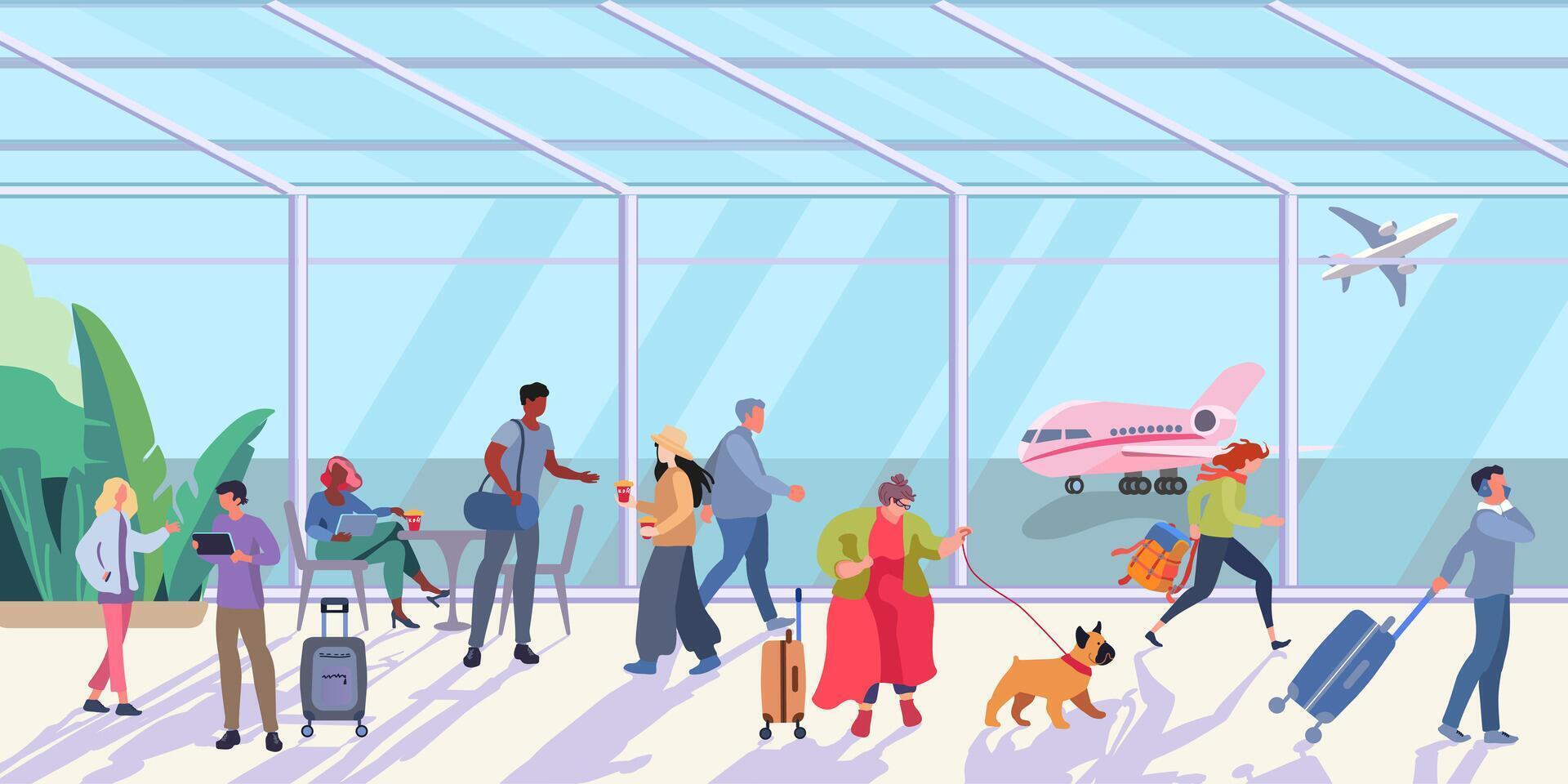 panorama di il aeroporto sala. persone in attesa per un aereo volo. Grasso signora con cane e bagaglio. aereo. vettore illustrazione per striscione, manifesto e pubblicità