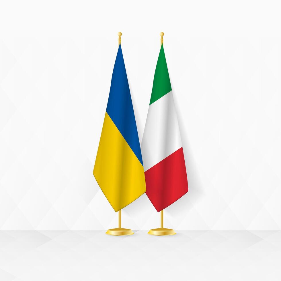 Ucraina e Italia bandiere su bandiera In piedi, illustrazione per diplomazia e altro incontro fra Ucraina e Italia. vettore