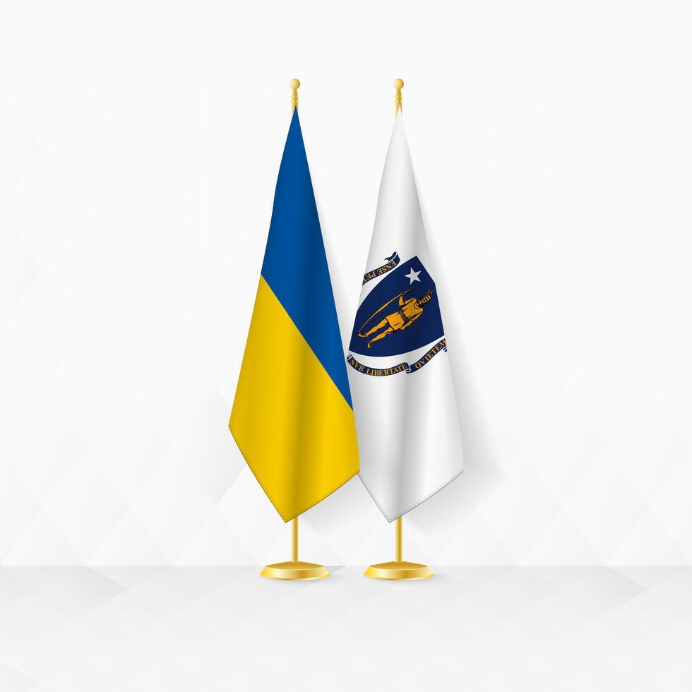 Ucraina e Massachusetts bandiere su bandiera In piedi, illustrazione per diplomazia e altro incontro fra Ucraina e Massachusetts. vettore