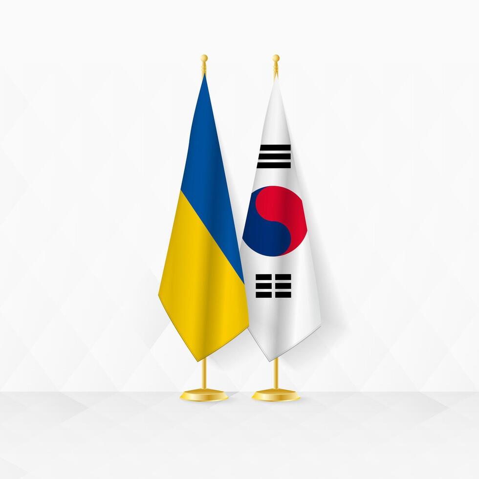 Ucraina e Sud Corea bandiere su bandiera In piedi, illustrazione per diplomazia e altro incontro fra Ucraina e Sud Corea. vettore