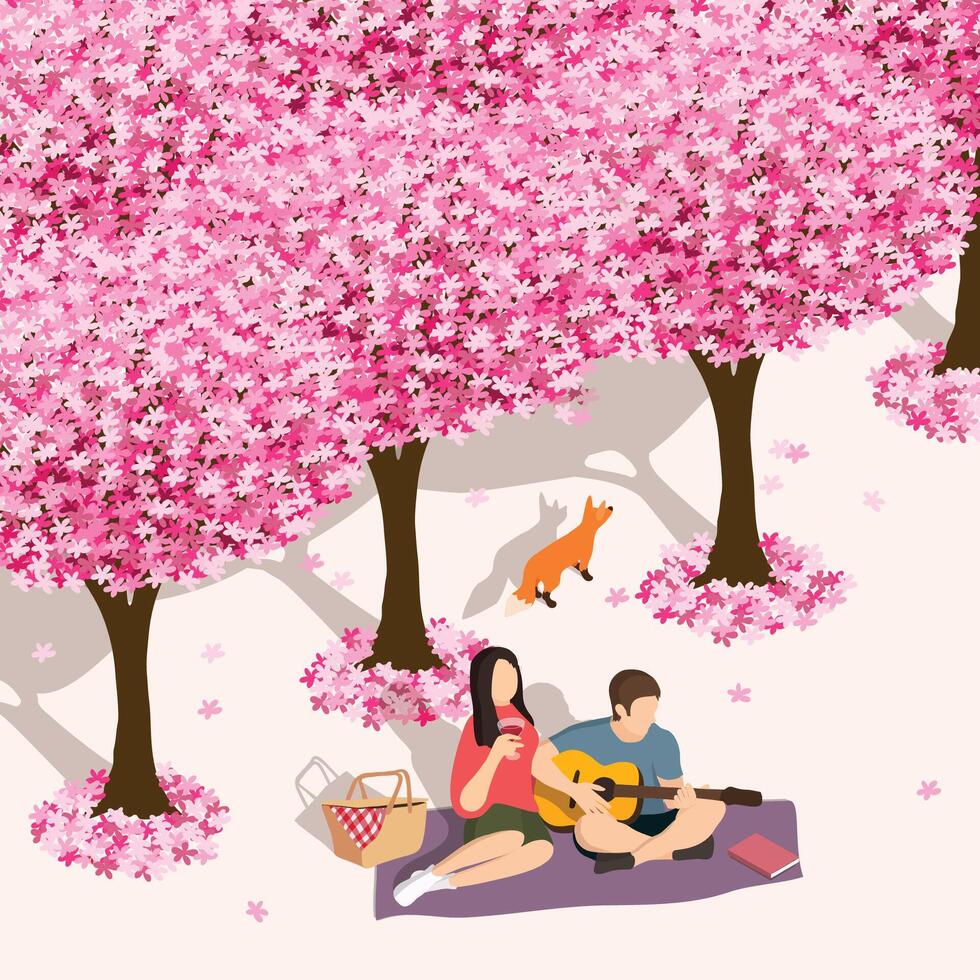 mano disegnato coppia avendo un' picnic sotto fioritura rosa sakura alberi, hanami concetto, vettore isometrico