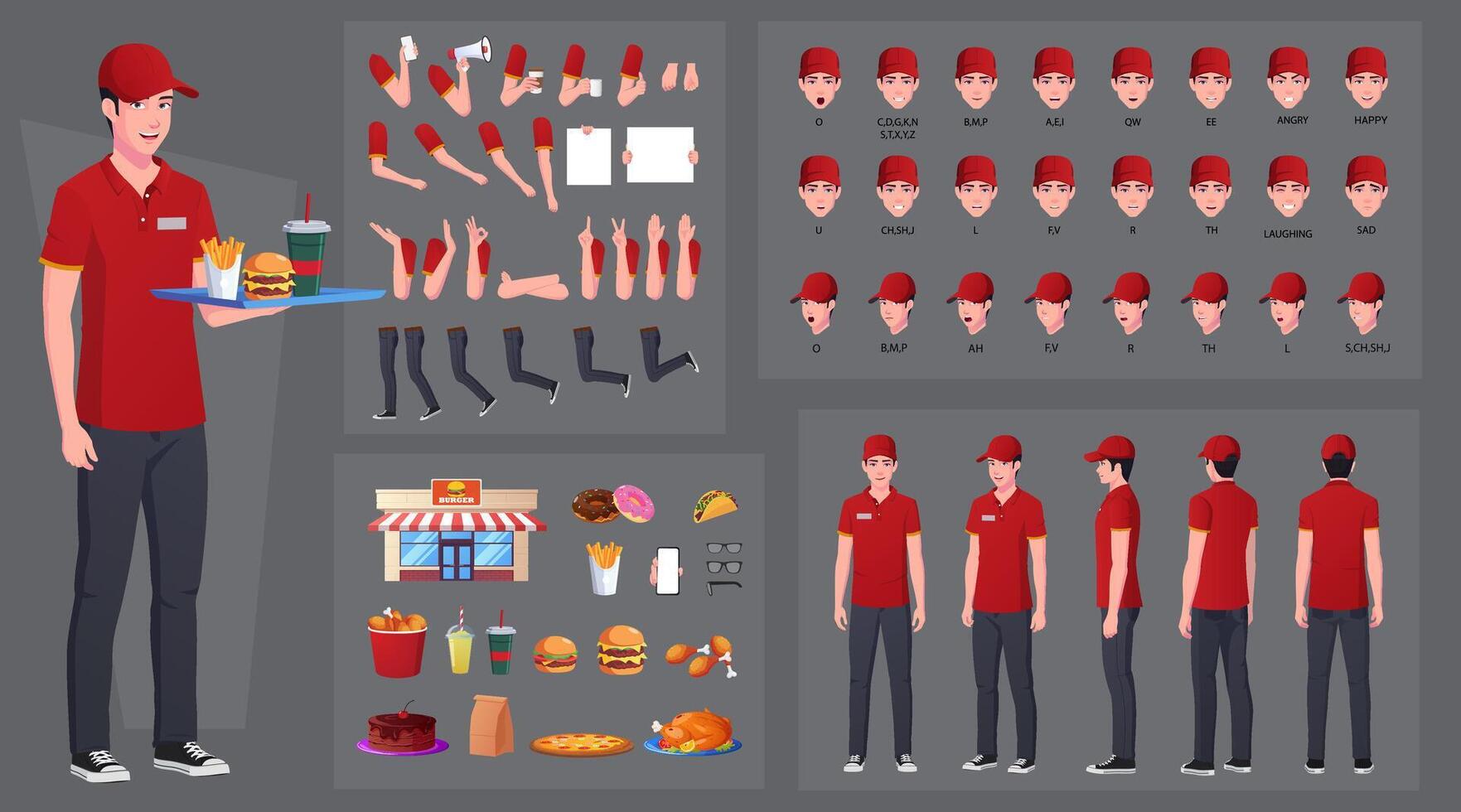 Fast food, ristorante lavoratore personaggio creazione e animazione pacchetto, uomo indossare rosso uniforme con vario Alimenti, mano gesti, bocca animazione e labbro sincronizzare. vettore illustrazione