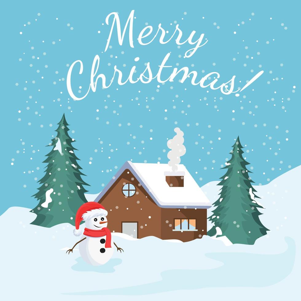 cartolina di natale con paesaggio invernale e neve, albero, casa e pupazzo di neve vettore