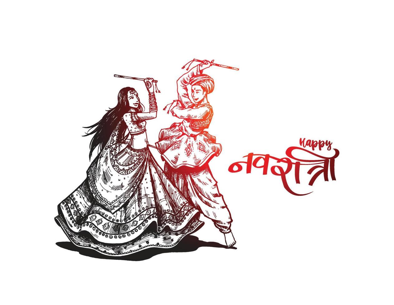 celebri il festival di navratri con il vettore di disegno della donna degli uomini di garba di ballo, illustrazione disegnata a mano di vettore.