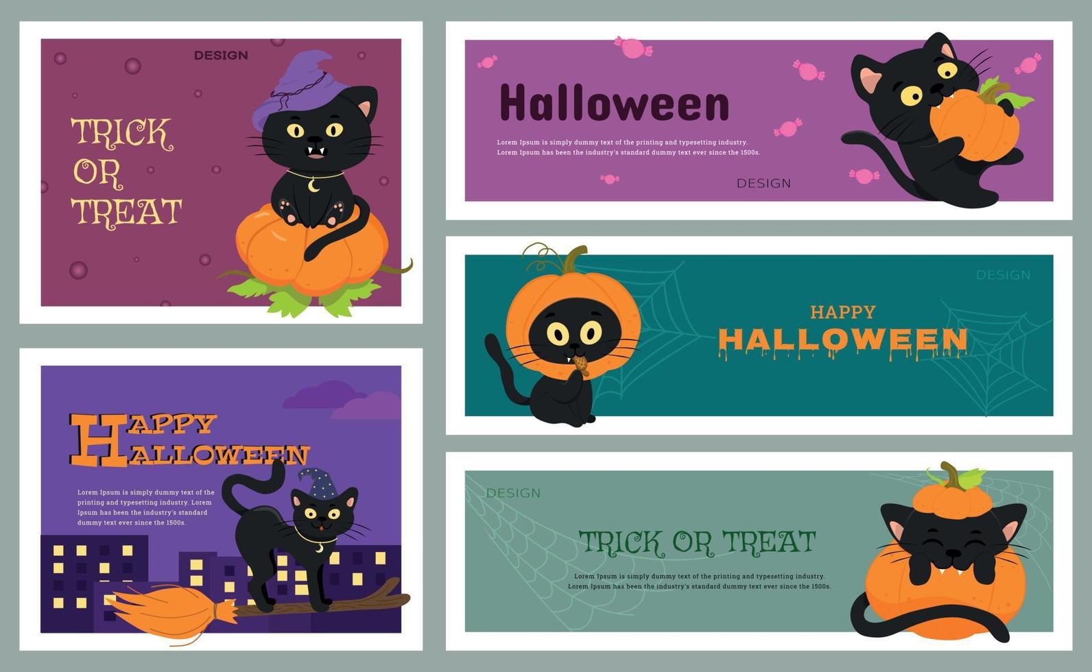 una serie di banner vettoriali per pubblicità o inviti con simpatici gatti neri e una zucca per halloween